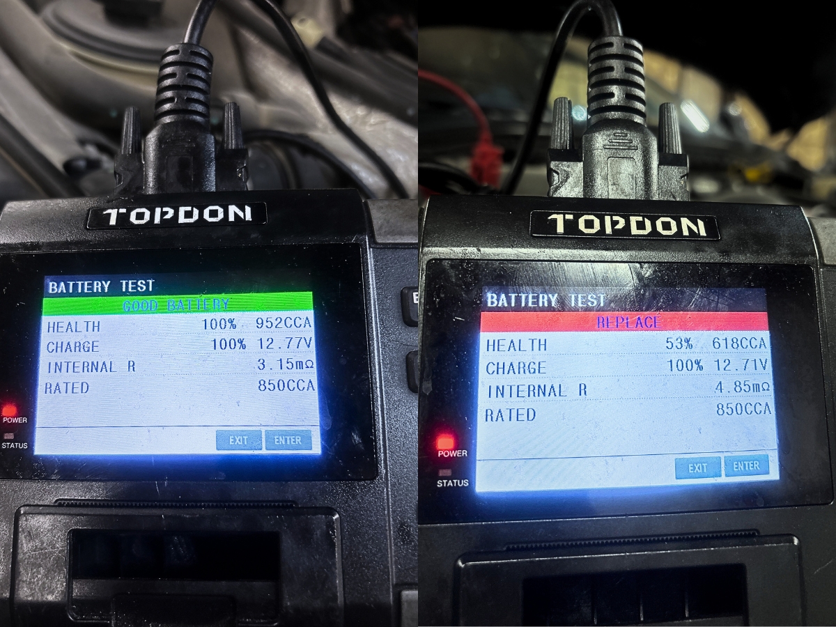 Side-by-side Ford F-350 battery tests showing one Good Battery result and one Replace result