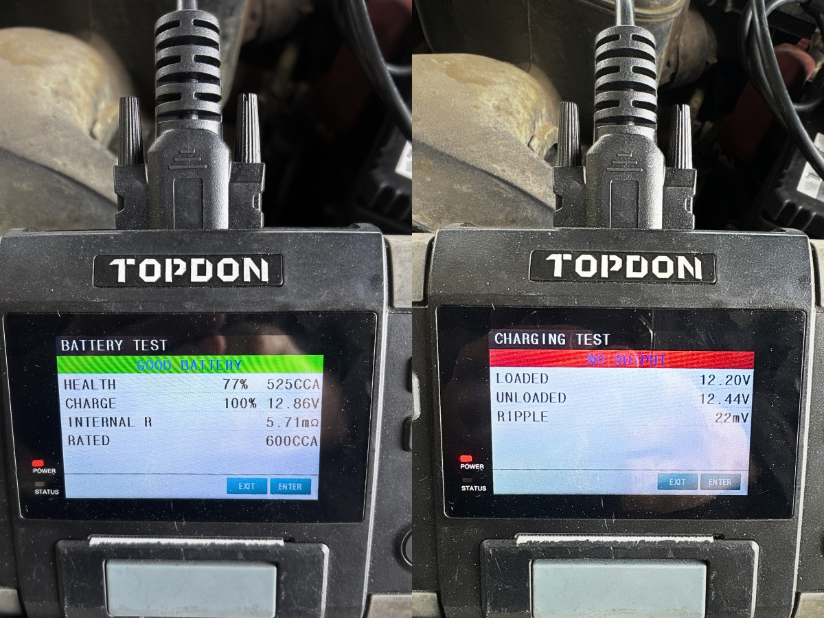 Side-by-side tester screens from the same vehicle show a good battery result and a charging test displaying no output.
